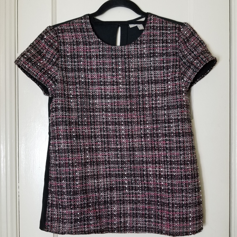 BANANA REPUBLIC black back tweed wool metallic front short sleeve top - Picture 2 of 9